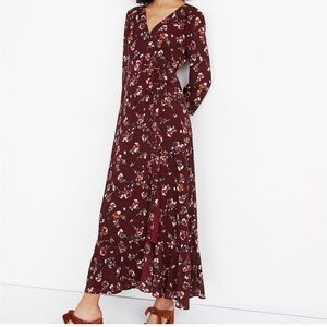 Madewell Ruffle-Hem Wrap Dress Red Floral 3/4 Sleeve Surplice Adjustable Maxi